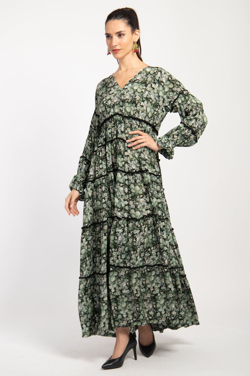 Ghadir Silk Green Floral Dress