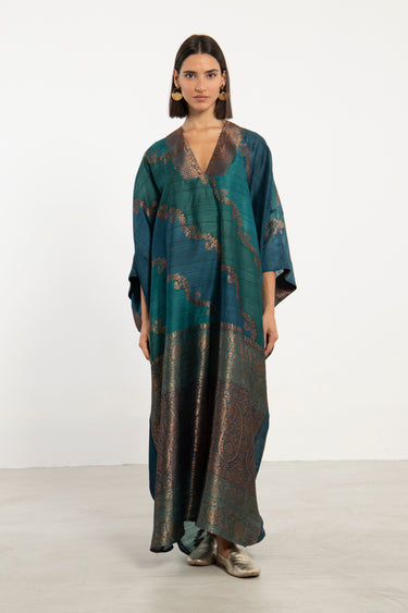 Adan Dupioni Silk Teal & Copper Kaftan