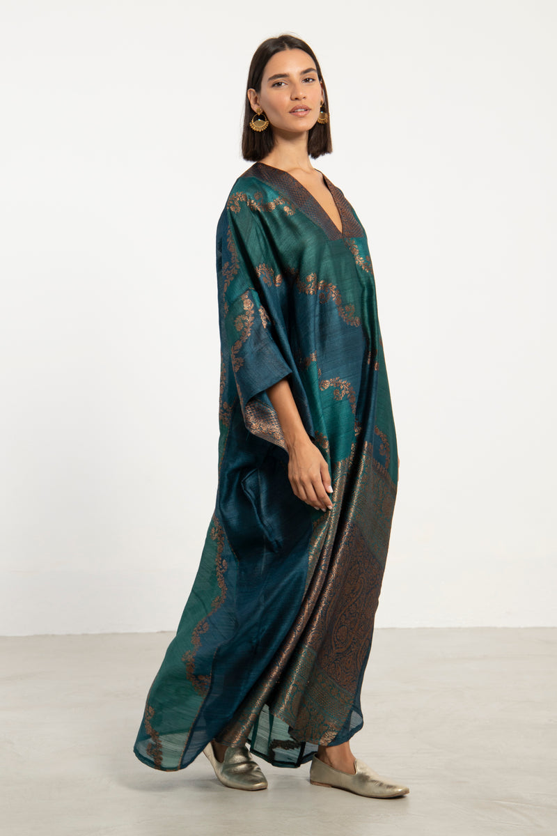 Adan Dupioni Silk Teal & Copper Kaftan