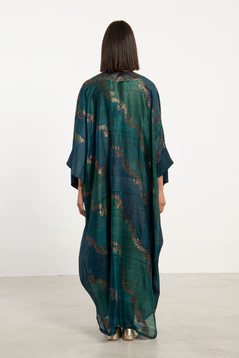 Adan Dupioni Silk Teal & Copper Kaftan