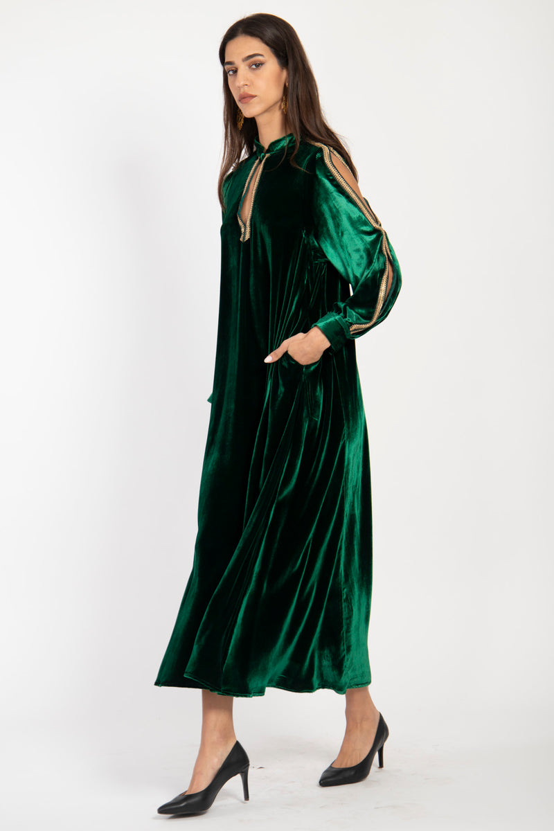 Hilal Silk Velvet Emerald Dress