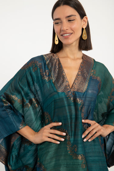 Adan Dupioni Silk Teal & Gold Kaftan