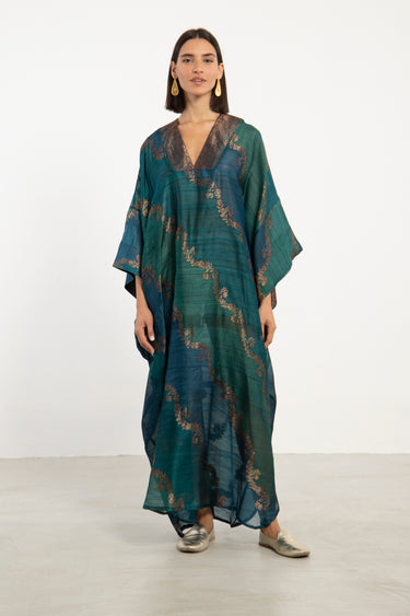 Adan Dupioni Silk Teal & Gold Kaftan