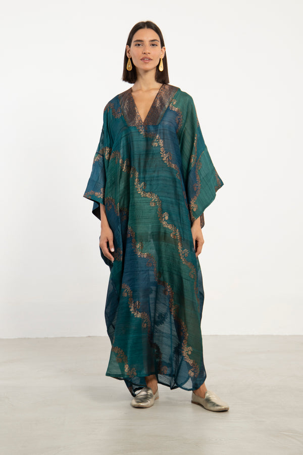 Adan Dupioni Silk Teal & Gold Kaftan