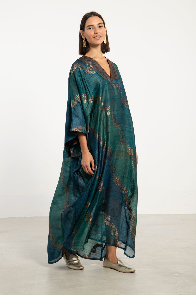 Adan Dupioni Silk Teal & Gold Kaftan