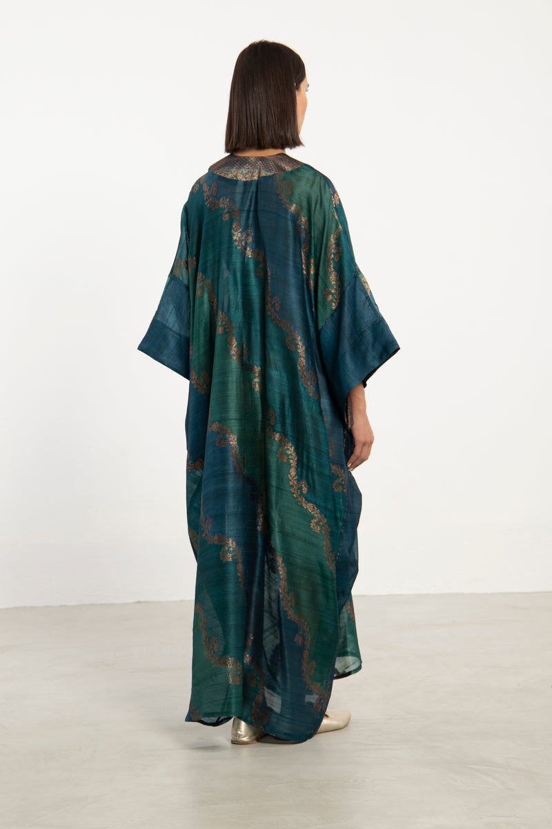 Adan Dupioni Silk Teal & Gold Kaftan