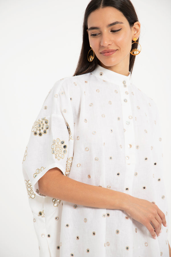 Caren Linen White Dots Dress