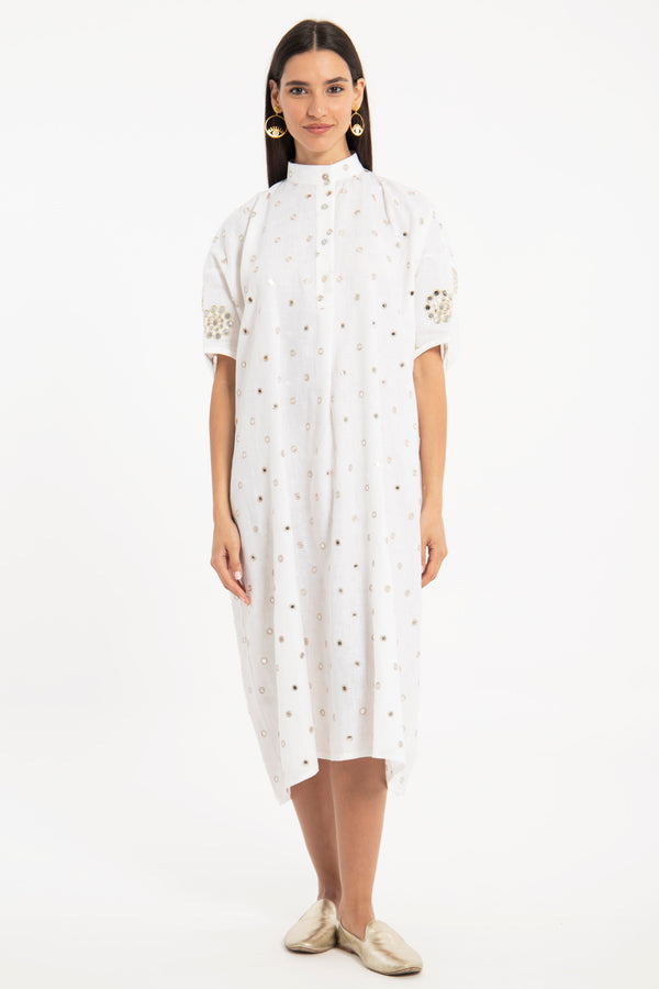 Caren Linen White Dots Dress