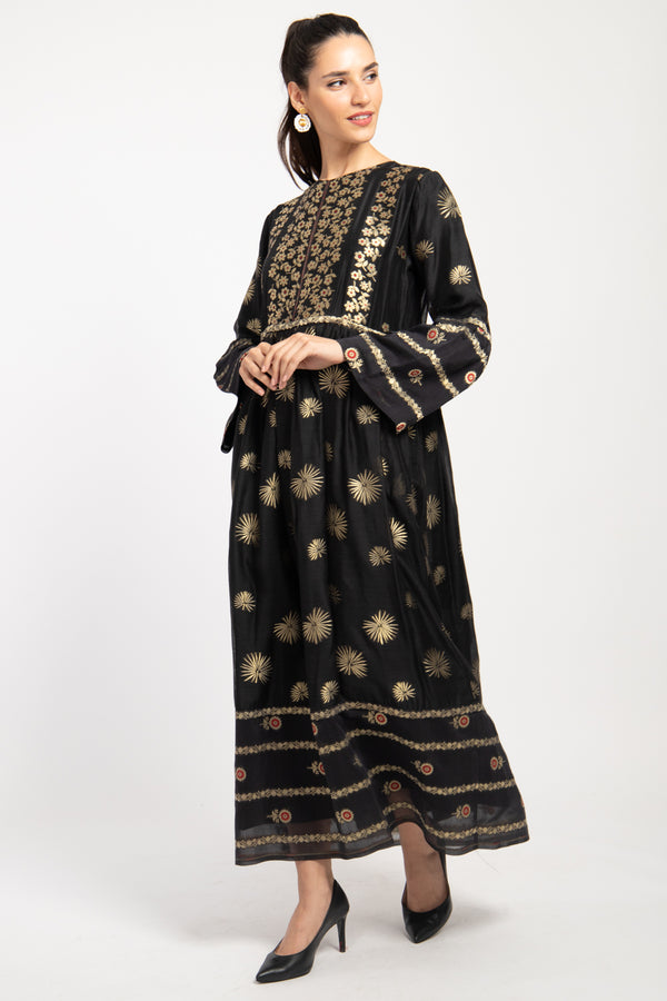 Amane Cotton Silk Black Gold Flowers Dress