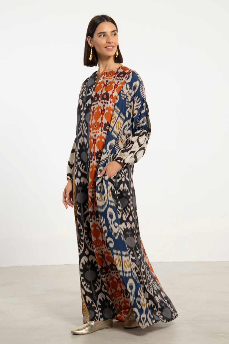 Nouha Silk Ikat Patchwork Dress
