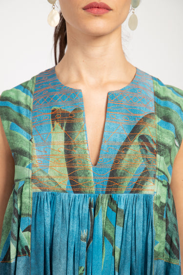 Farida Cotton Blue Printed Jungle Long Sleeve Dress