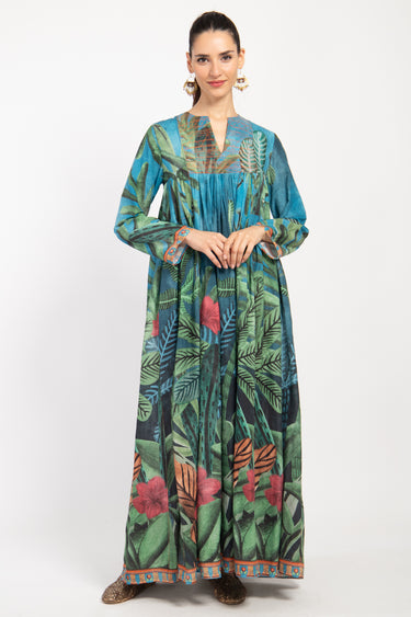 Farida Cotton Blue Printed Jungle Long Sleeve Dress