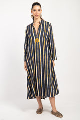 Maryam Cotton Printed Navy And Moutard Dress