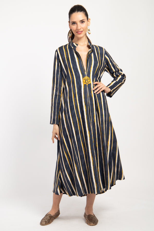 Maryam Cotton Printed Navy And Moutard Dress