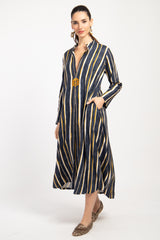 Maryam Cotton Printed Navy And Moutard Dress