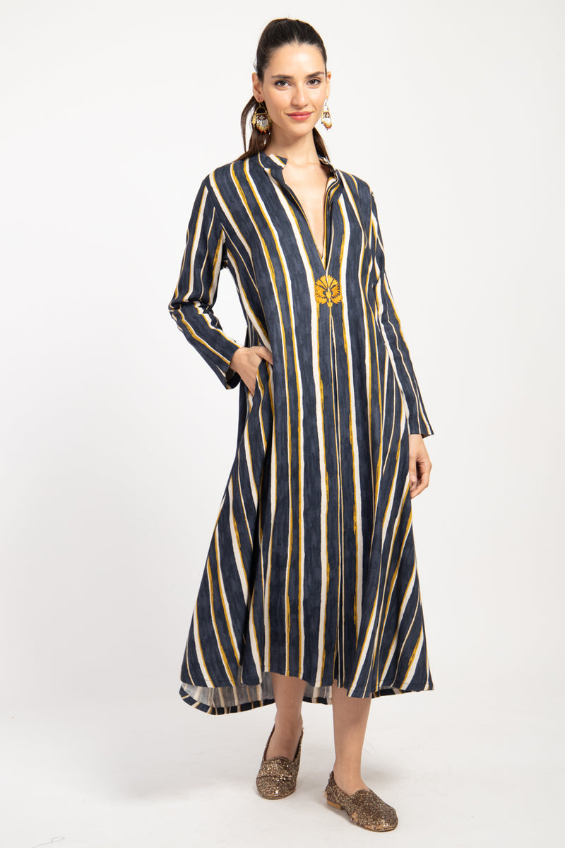 Maryam Cotton Printed Navy And Moutard Dress