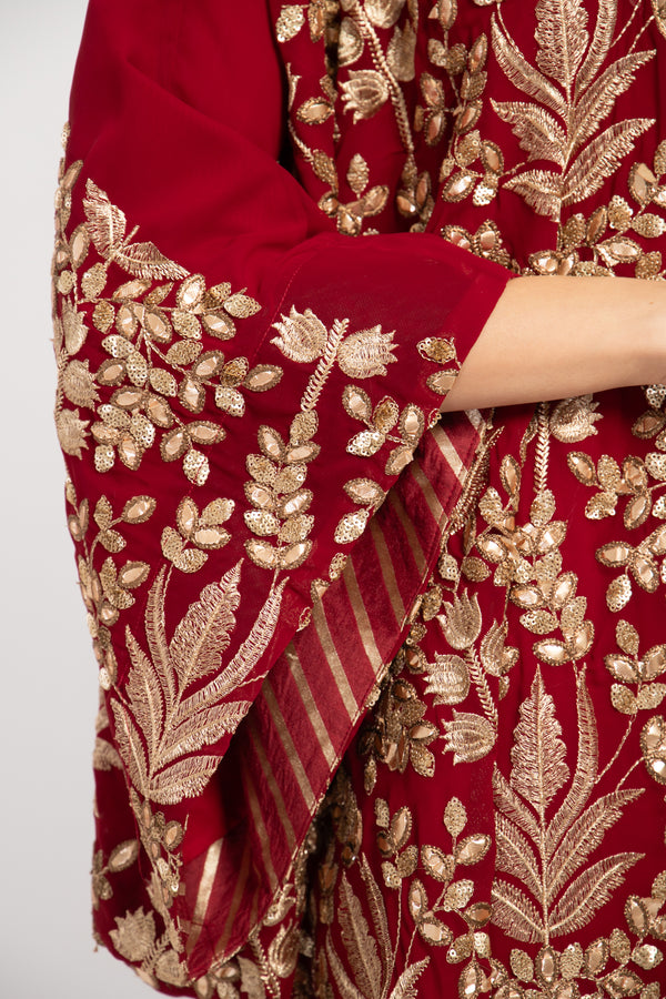 Adan Georgette Embroidered Red & Gold Gown