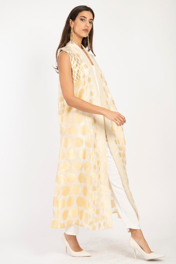 Rim Silk Handwoven White & Gold Sleeveless Coat