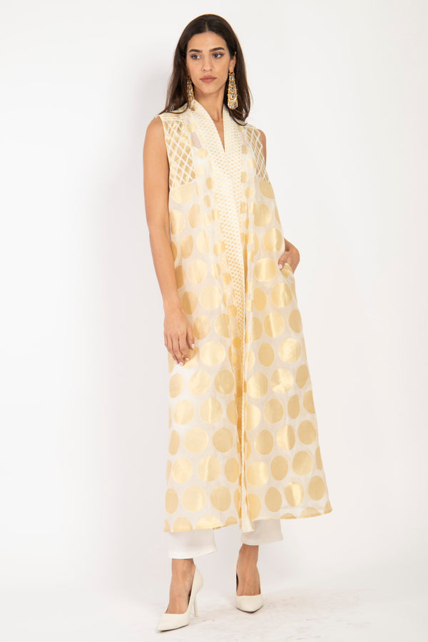 Rim Silk Handwoven White & Gold Sleeveless Coat