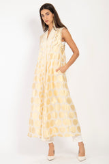 Rim Silk Handwoven White & Gold Sleeveless Coat