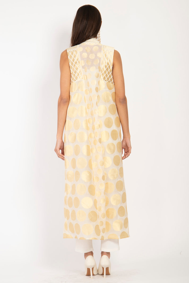 Rim Silk Handwoven White & Gold Sleeveless Coat