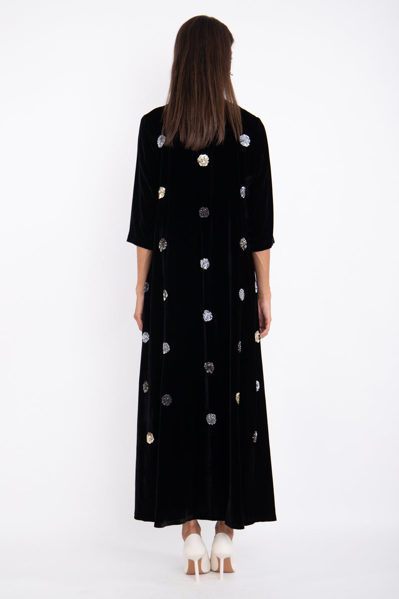 Elham Velvet Silver Embroidered Black Dress