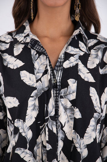 Trablos Cotton Black Printed Leaves Dress