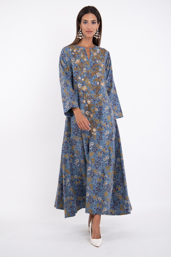 Fajer Cotton Blue Embroidered Dress