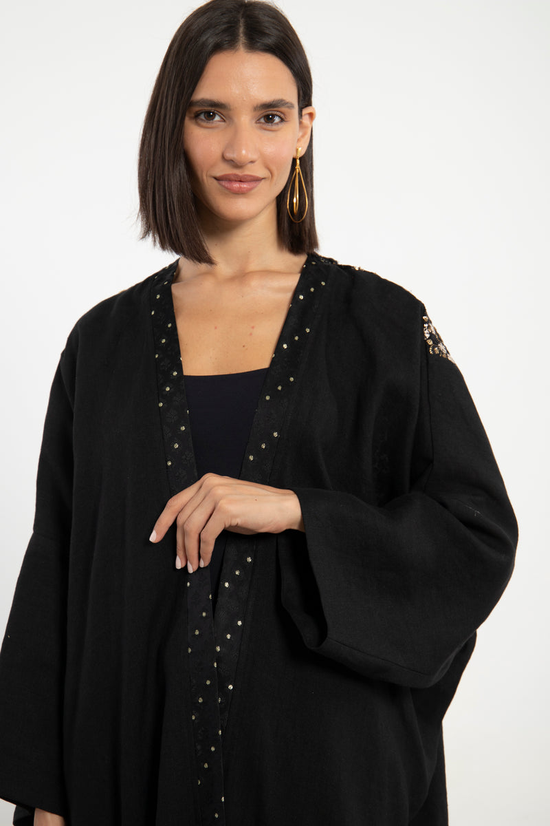 Kim Linen Embroidered Black Abaya