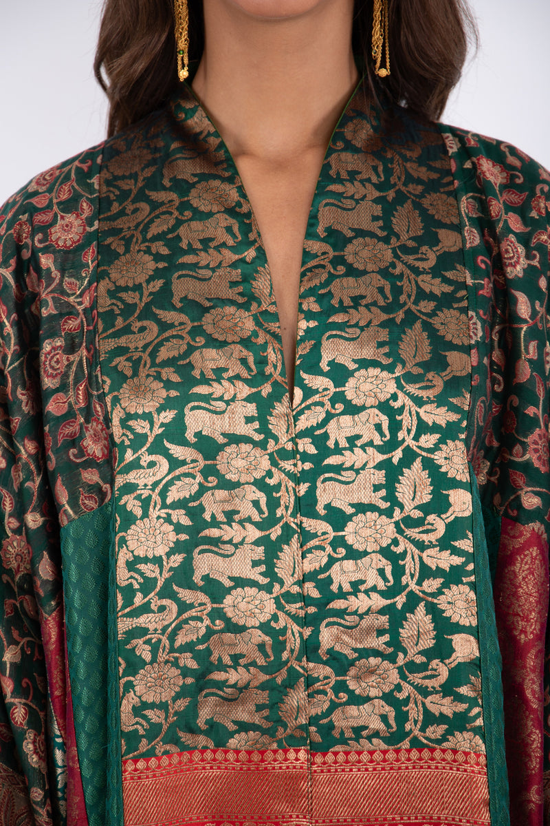 Chouf Silk Brocade Multi Green Patchwork Dress