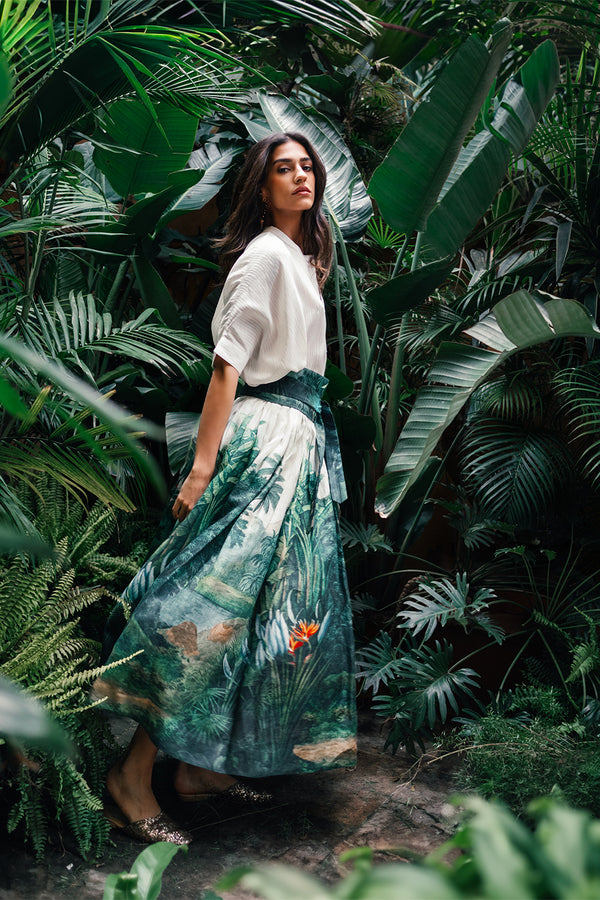 Safar Linen Green Jungle Print Skirt