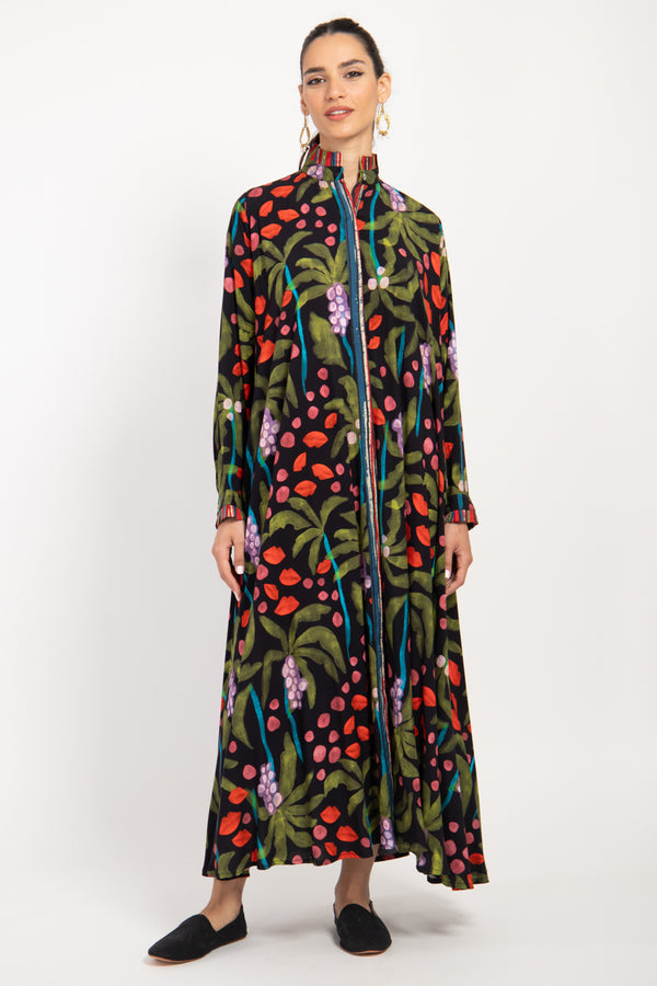 Marwa Silk Black Painted Flowers Dress