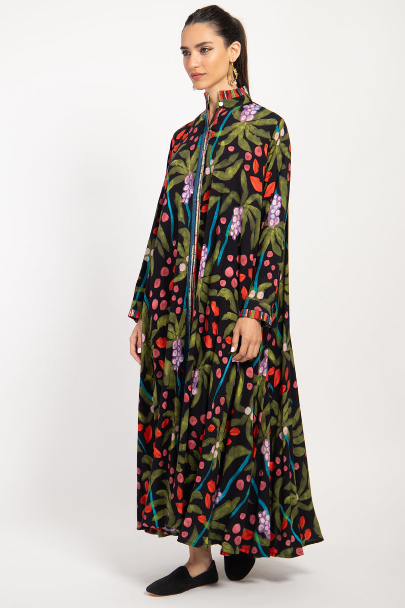 Marwa Silk Black Painted Flowers Dress