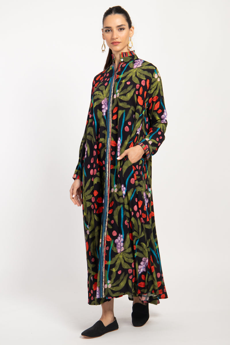 Marwa Silk Black Painted Flowers Dress