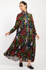 Marwa Silk Black Painted Flowers Dress