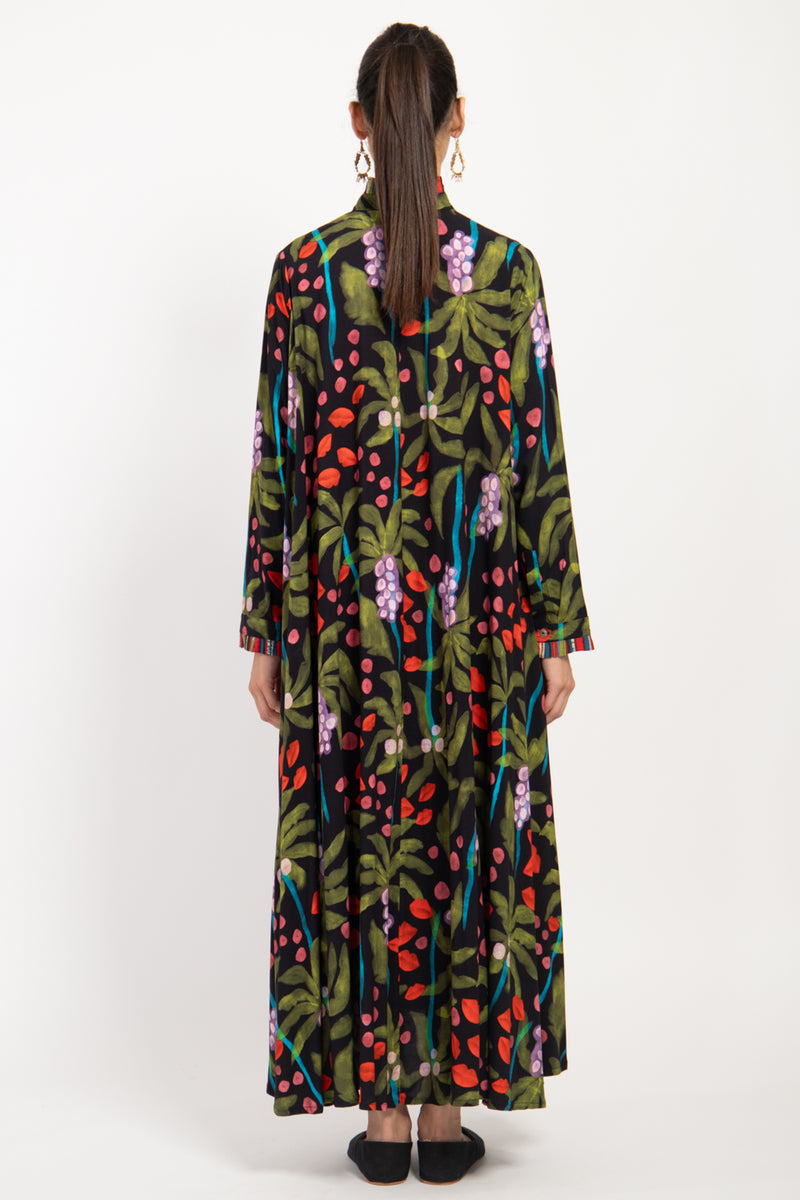 Marwa Silk Black Painted Flowers Dress