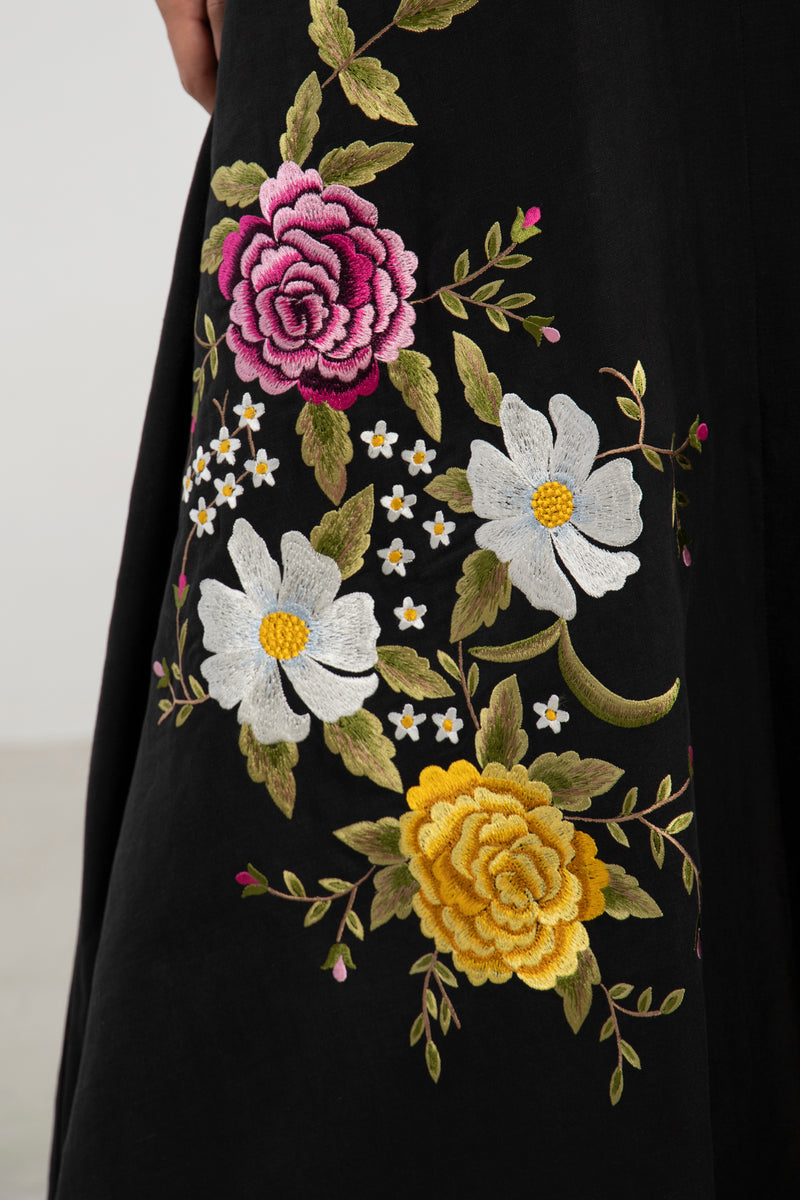 Nina Linen Black Embroidered Dress
