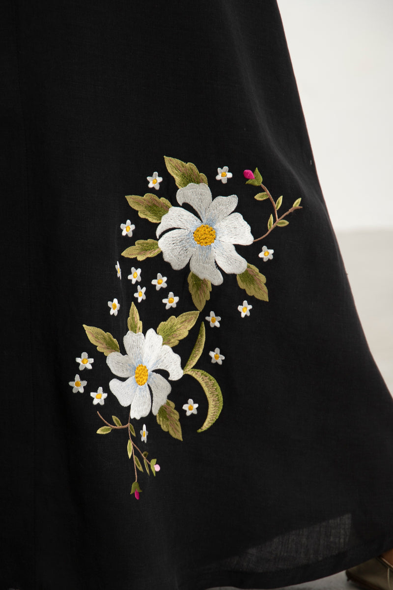 Nina Linen Black Embroidered Dress