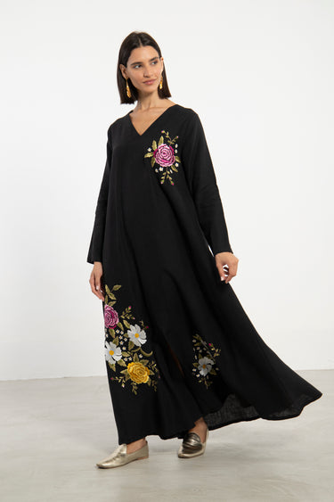 Nina Linen Black Embroidered Dress