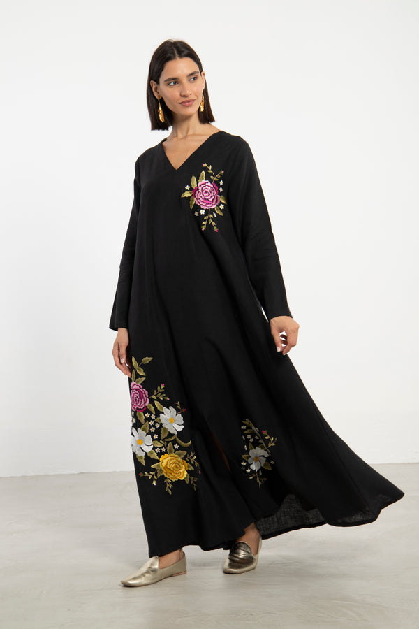 Nina Linen Black Embroidered Dress