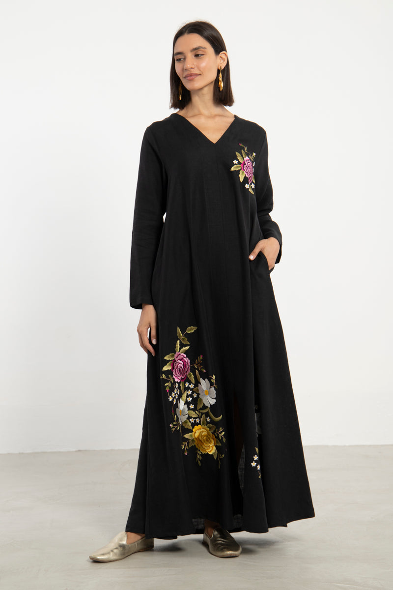Nina Linen Black Embroidered Dress
