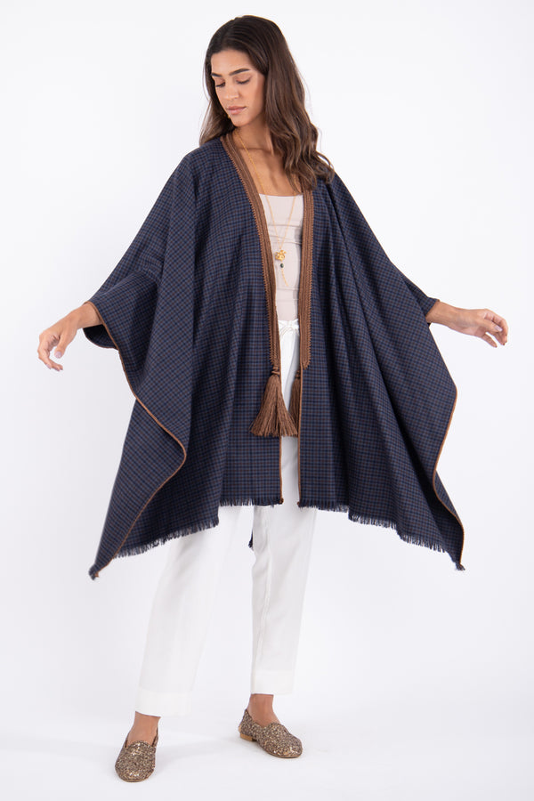 Loro Piana Navy Brown Wool Embroidery Poncho