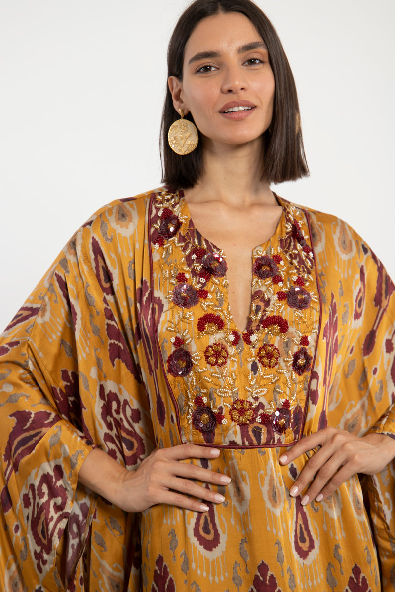 Kawthar Silk Mustard Embroidered Kaftan