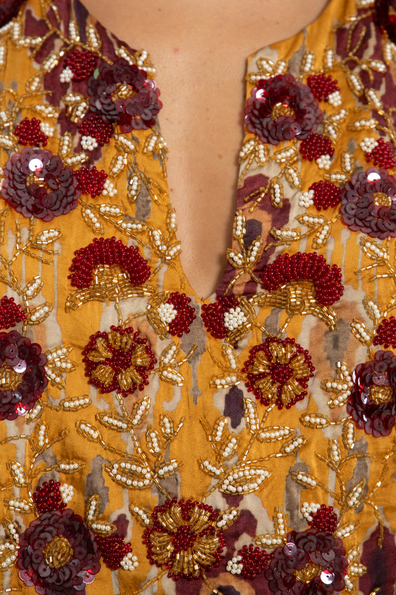 Kawthar Silk Mustard Embroidered Kaftan