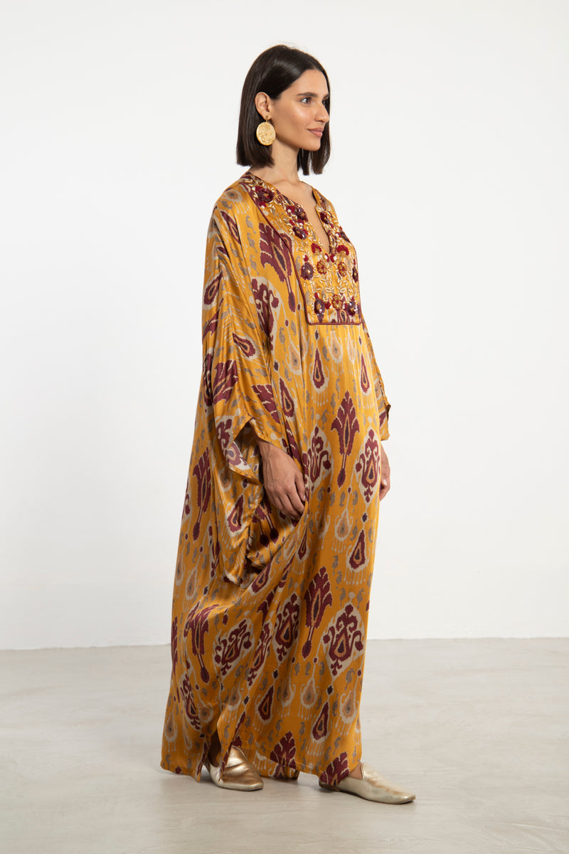 Kawthar Silk Mustard Embroidered Kaftan