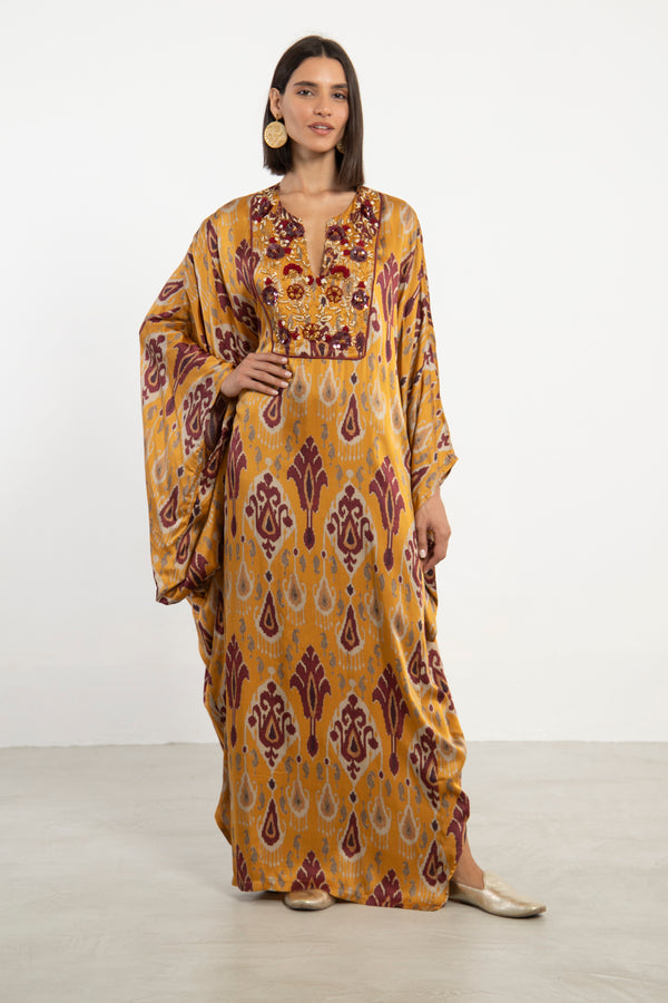 Kawthar Silk Mustard Embroidered Kaftan