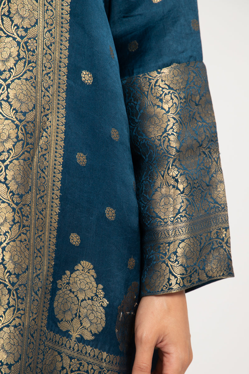 One-of-a-Kind Souraya Silk Brocade Teal & Gold Dress