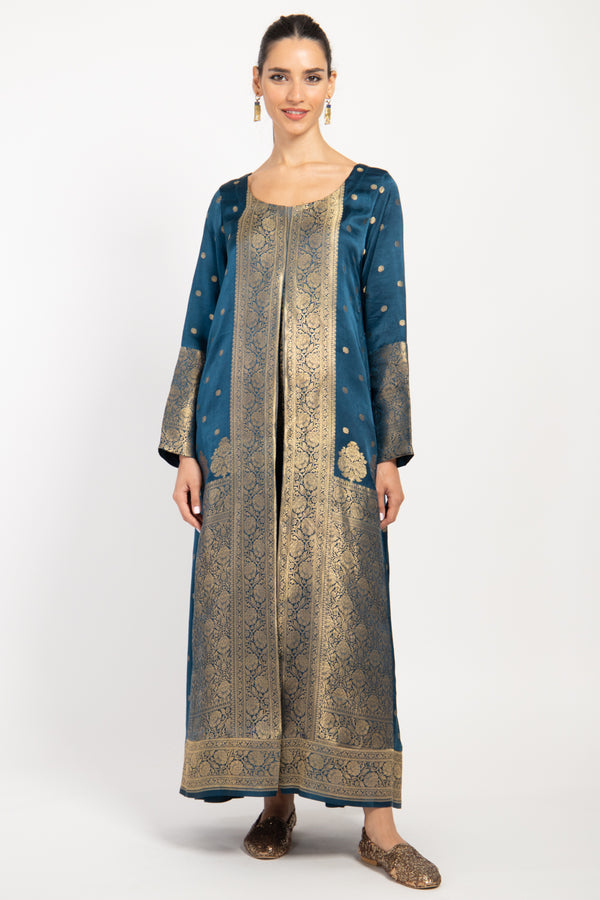 One-of-a-Kind Souraya Silk Brocade Teal & Gold Dress