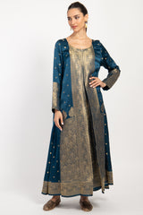 One-of-a-Kind Souraya Silk Brocade Teal & Gold Dress