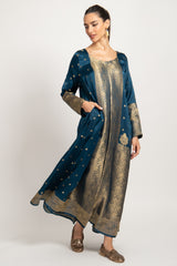 One-of-a-Kind Souraya Silk Brocade Teal & Gold Dress